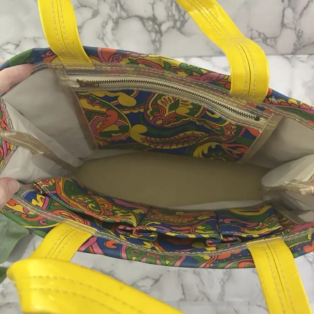 Vintage 70s Tote Bag Purse Green Yellow Paisly Floral Canvas Funky Top Handle